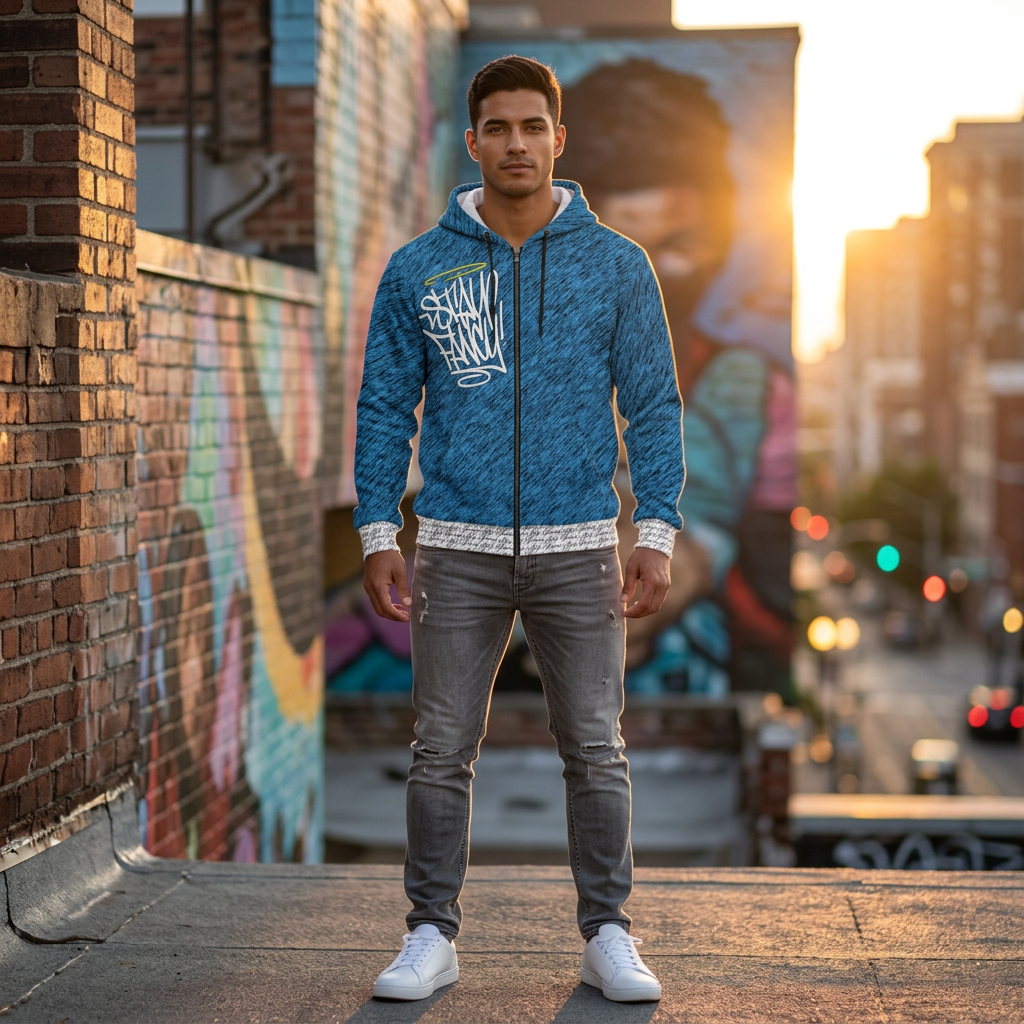 Stay Fancy Brushed Blue Men's Zip Hoodie