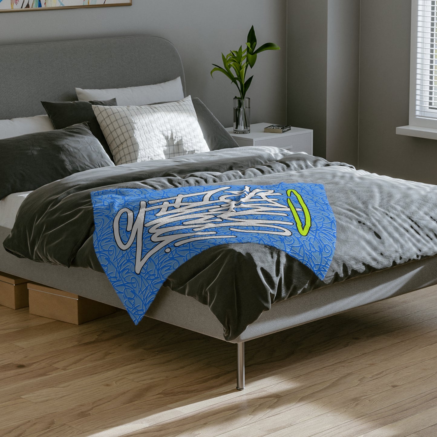 SF Blue Graffiti Velveteen Minky Blanket