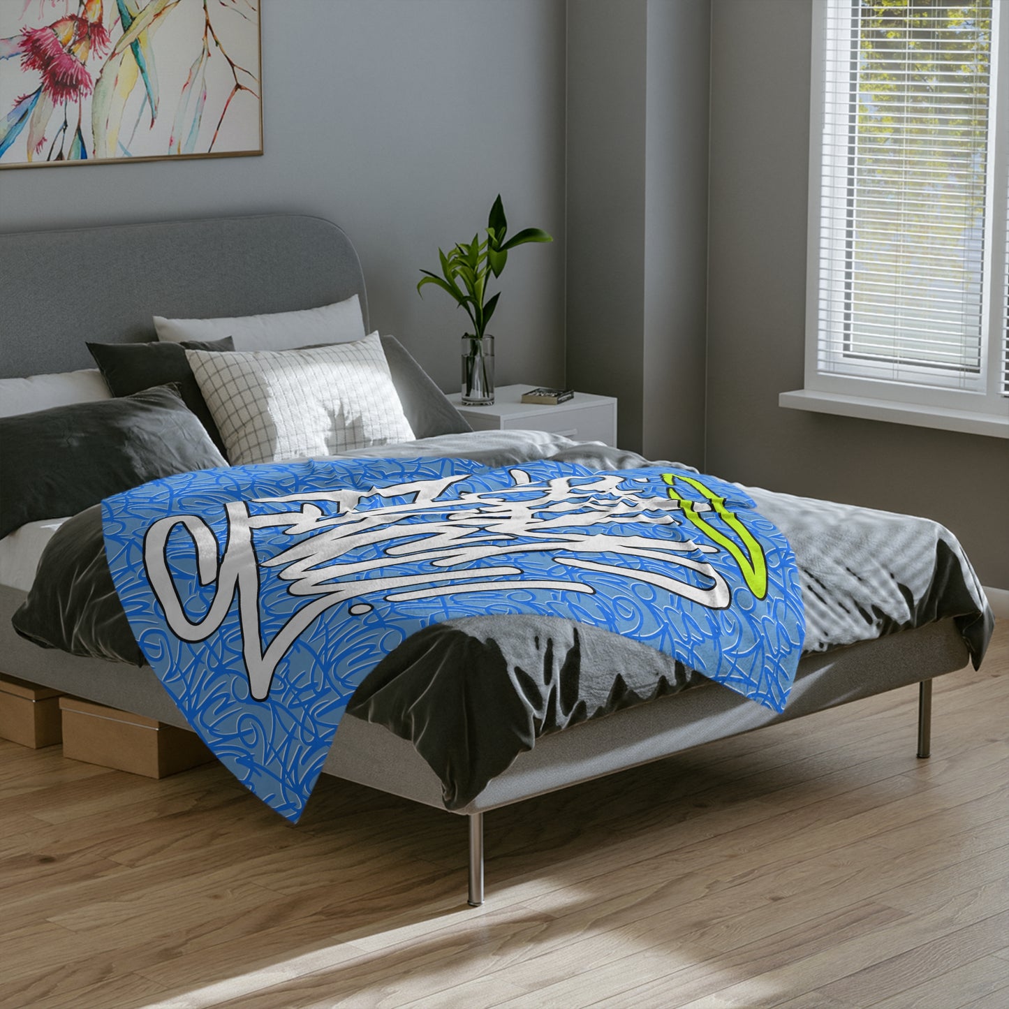 SF Blue Graffiti Velveteen Minky Blanket